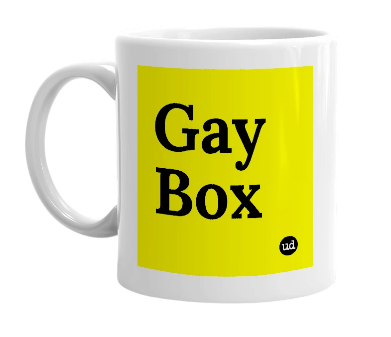 White mug with 'Gay Box' in bold black letters