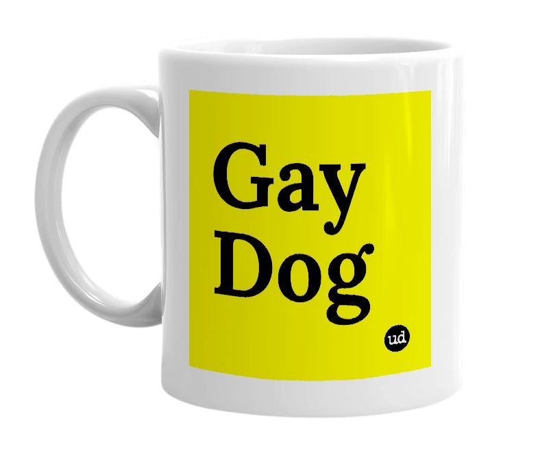 White mug with 'Gay Dog' in bold black letters