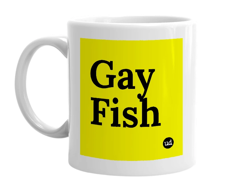 White mug with 'Gay Fish' in bold black letters