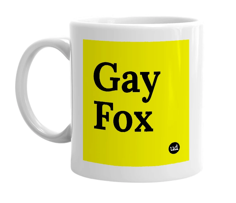 White mug with 'Gay Fox' in bold black letters