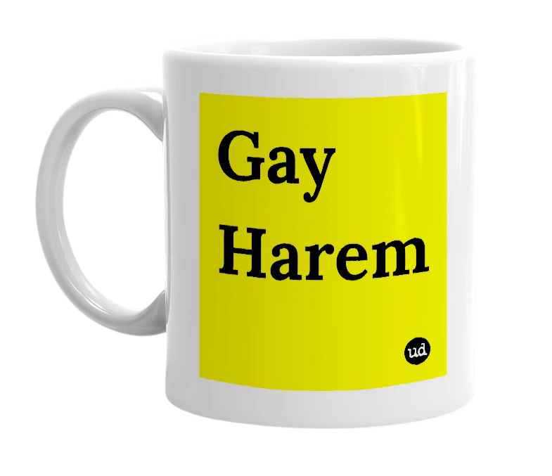 White mug with 'Gay Harem' in bold black letters