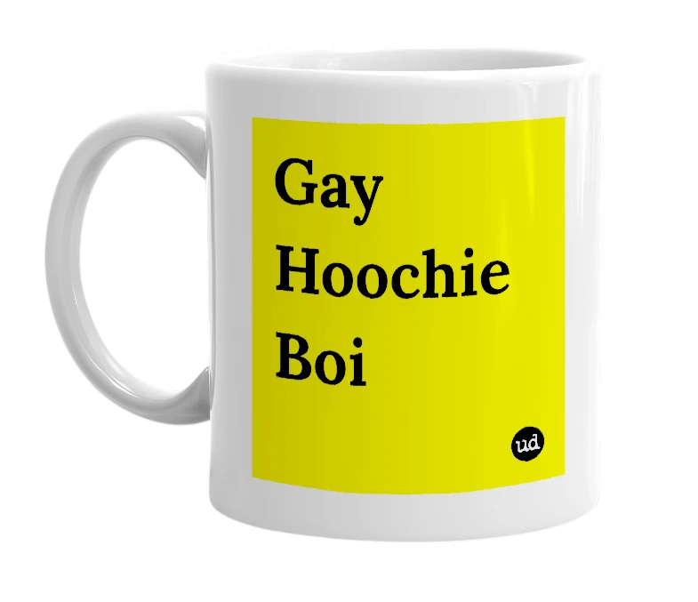 White mug with 'Gay Hoochie Boi' in bold black letters
