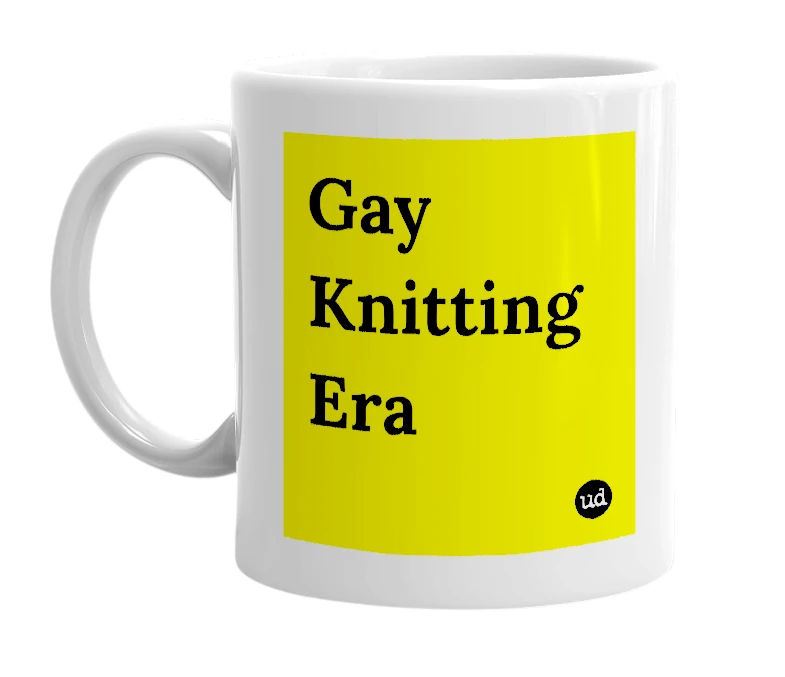 White mug with 'Gay Knitting Era' in bold black letters