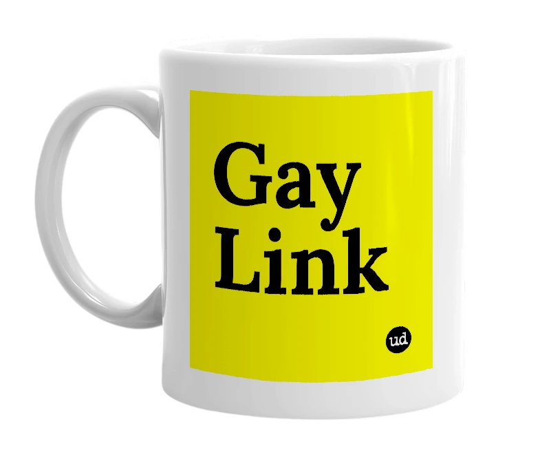 White mug with 'Gay Link' in bold black letters
