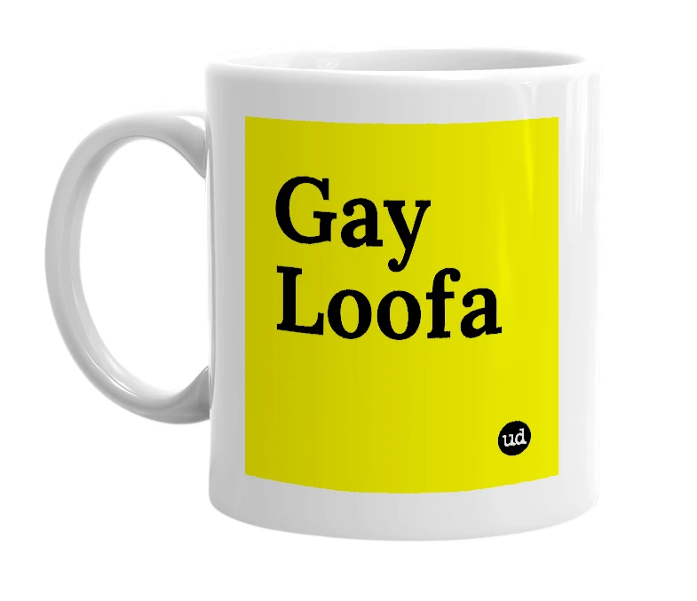 White mug with 'Gay Loofa' in bold black letters