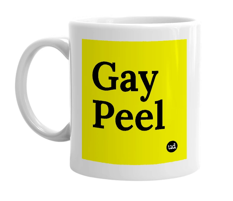 White mug with 'Gay Peel' in bold black letters