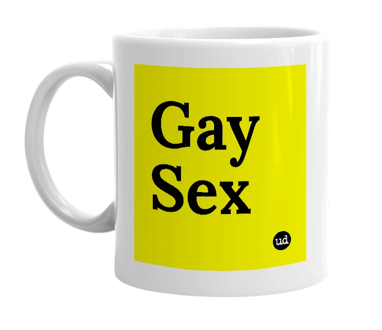 White mug with 'Gay Sex' in bold black letters