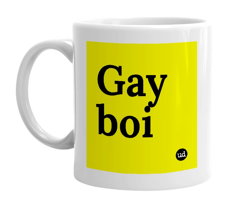 White mug with 'Gay boi' in bold black letters