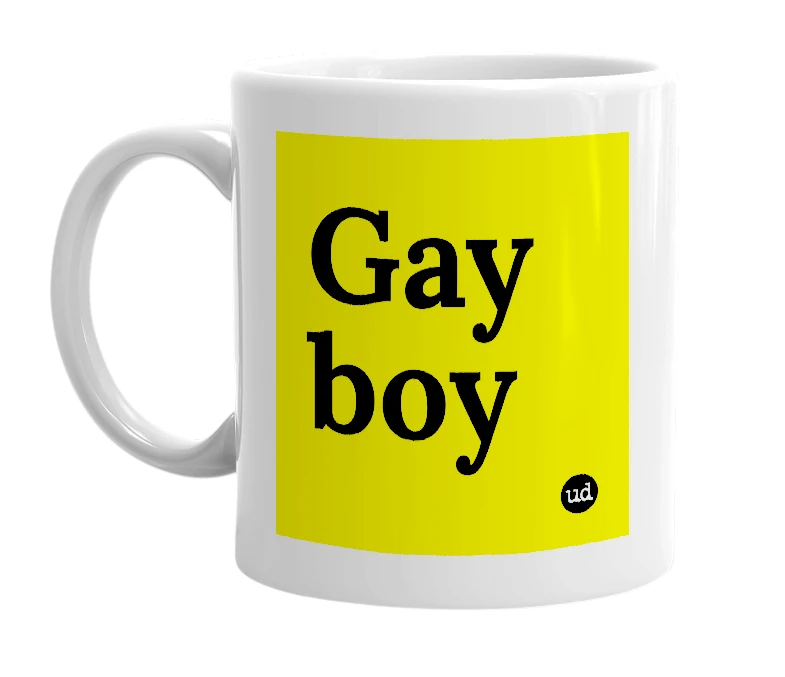 White mug with 'Gay boy' in bold black letters
