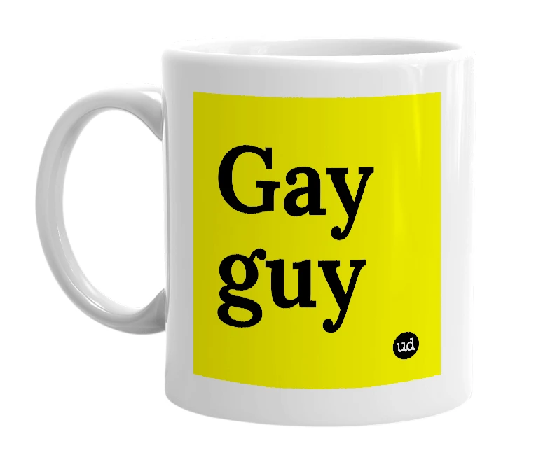 White mug with 'Gay guy' in bold black letters