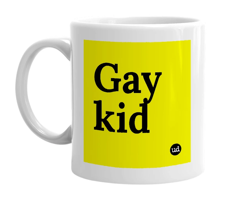 White mug with 'Gay kid' in bold black letters