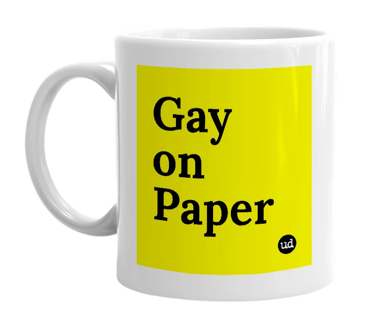 White mug with 'Gay on Paper' in bold black letters