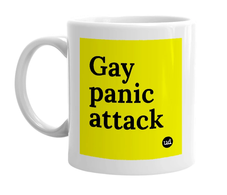 White mug with 'Gay panic attack' in bold black letters