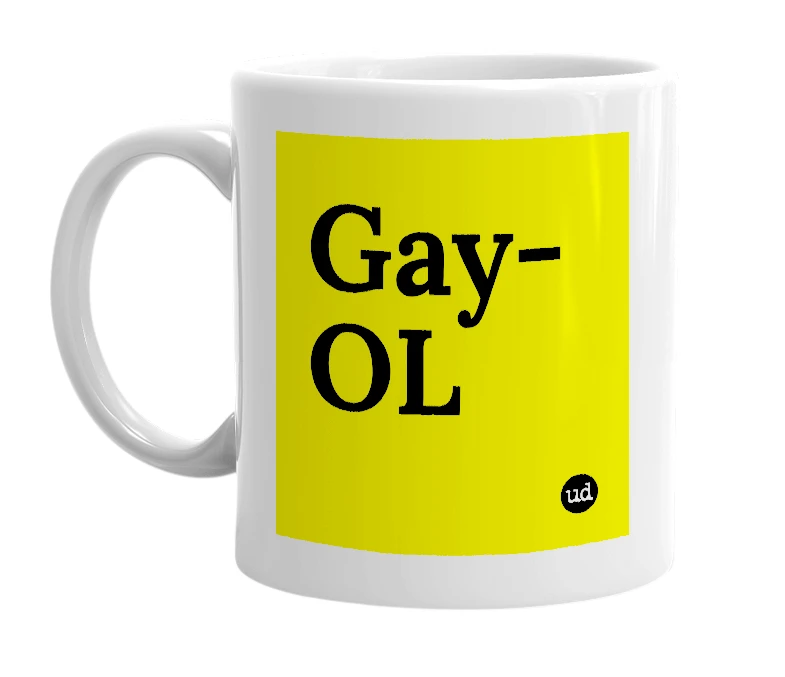 White mug with 'Gay-OL' in bold black letters