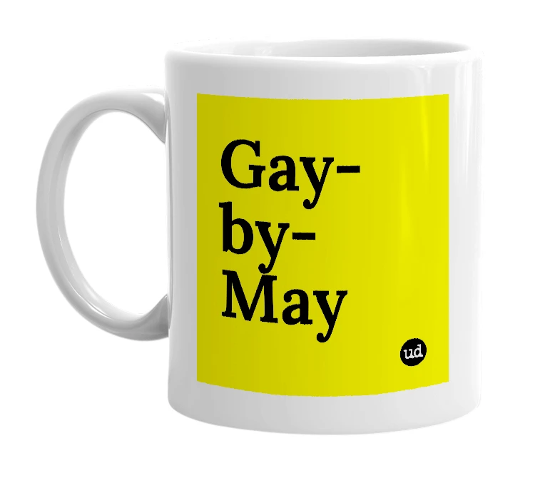 White mug with 'Gay-by-May' in bold black letters