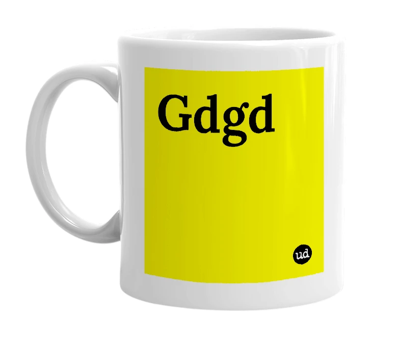 White mug with 'Gdgd' in bold black letters