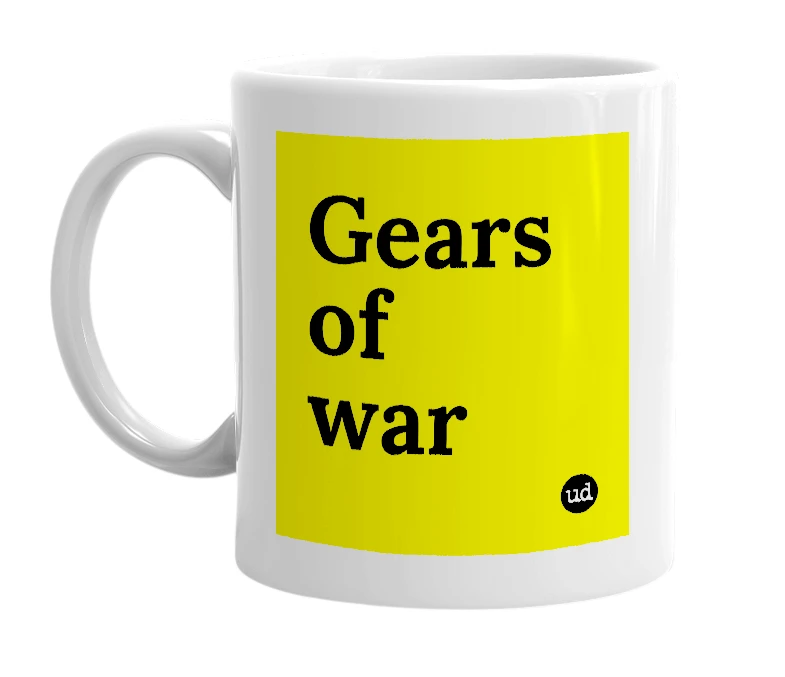 White mug with 'Gears of war' in bold black letters