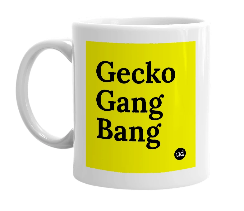 White mug with 'Gecko Gang Bang' in bold black letters