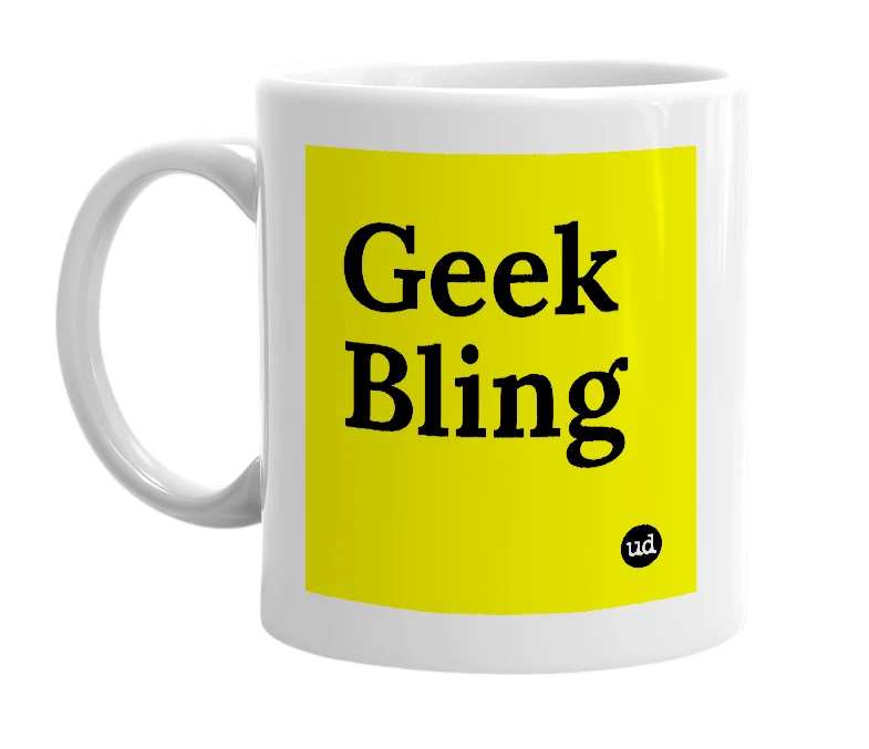 White mug with 'Geek Bling' in bold black letters