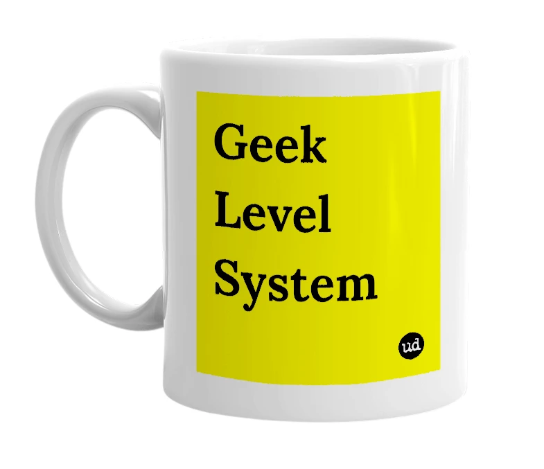White mug with 'Geek Level System' in bold black letters