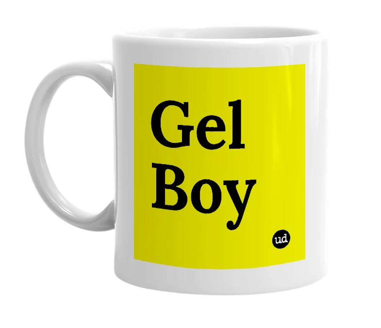 White mug with 'Gel Boy' in bold black letters