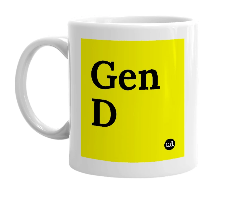 White mug with 'Gen D' in bold black letters