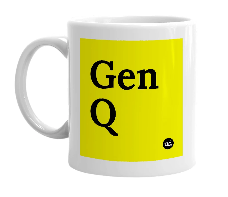 White mug with 'Gen Q' in bold black letters