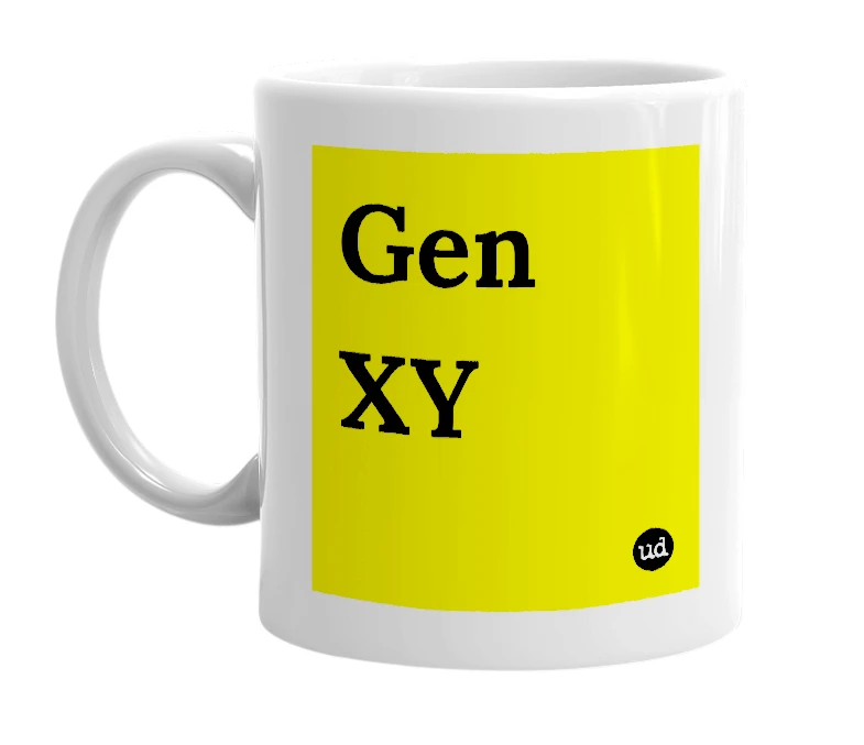 White mug with 'Gen XY' in bold black letters