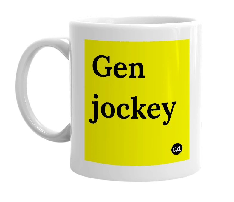 White mug with 'Gen jockey' in bold black letters