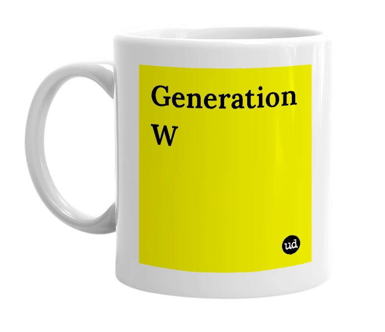 White mug with 'Generation W' in bold black letters
