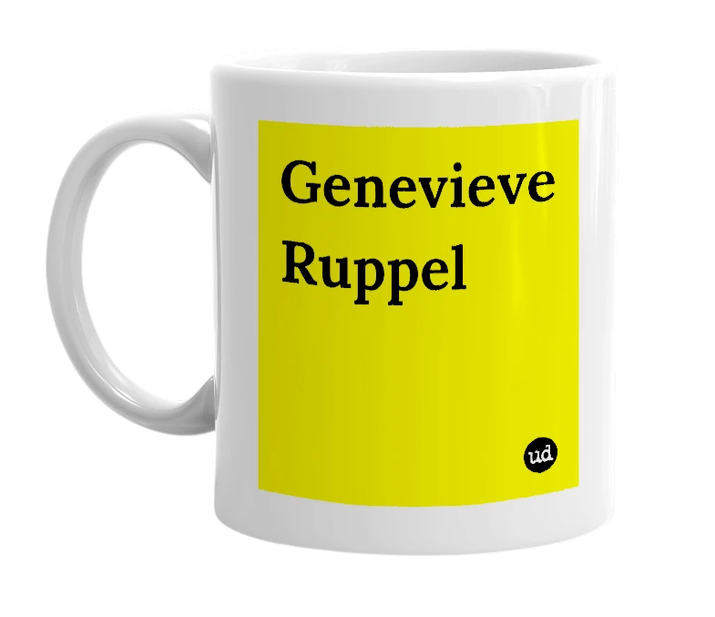 White mug with 'Genevieve Ruppel' in bold black letters