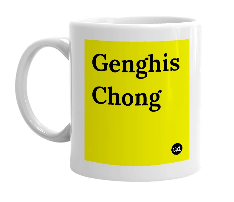 White mug with 'Genghis Chong' in bold black letters