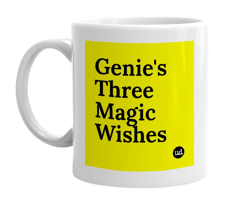 White mug with 'Genie's Three Magic Wishes' in bold black letters