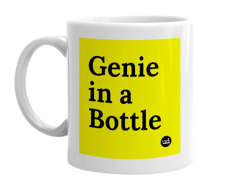 White mug with 'Genie in a Bottle' in bold black letters