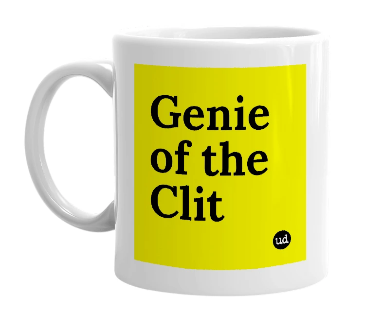 White mug with 'Genie of the Clit' in bold black letters