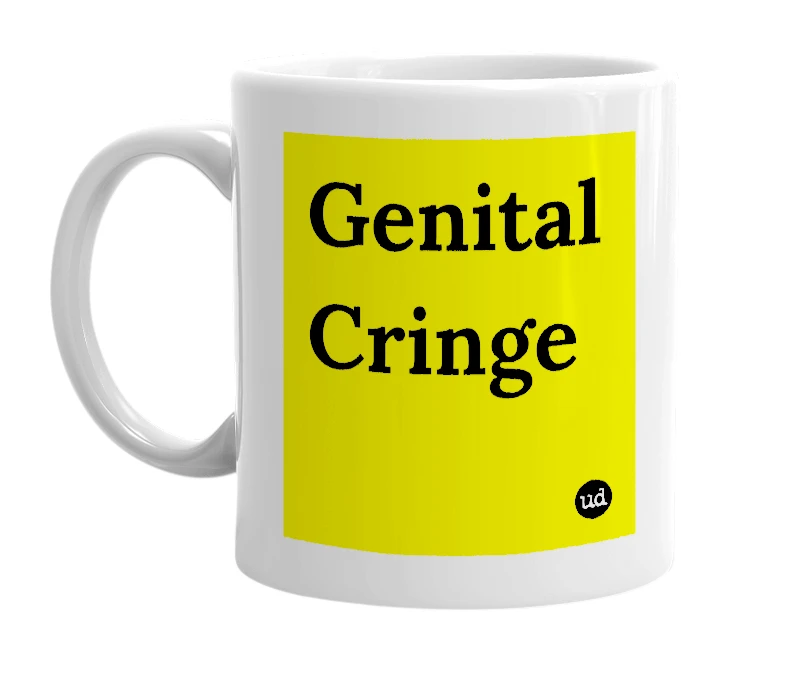 White mug with 'Genital Cringe' in bold black letters