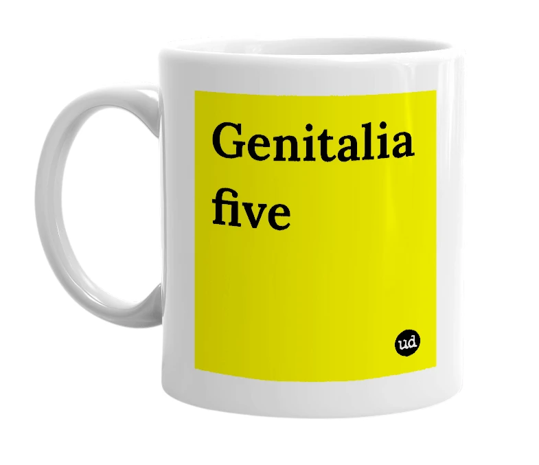 White mug with 'Genitalia five' in bold black letters