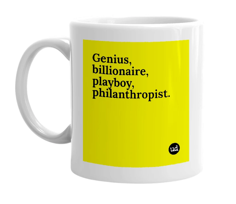 White mug with 'Genius, billionaire, playboy, philanthropist.' in bold black letters