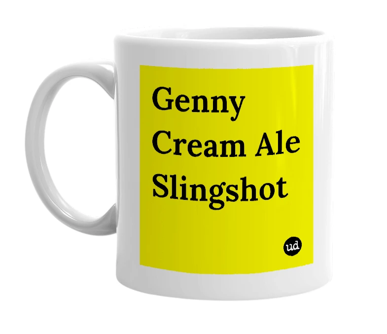 White mug with 'Genny Cream Ale Slingshot' in bold black letters