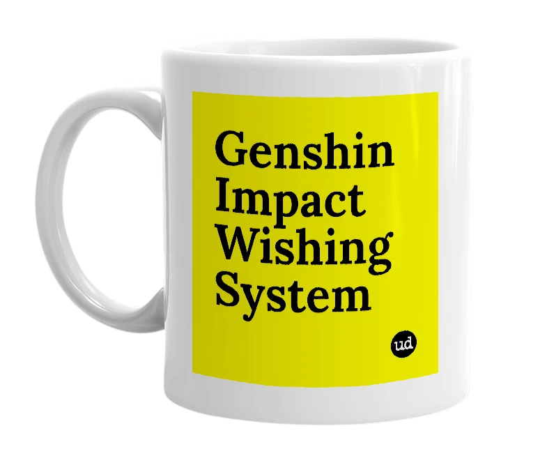 White mug with 'Genshin Impact Wishing System' in bold black letters
