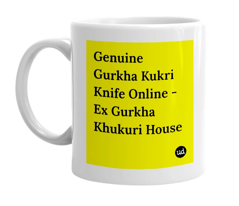 White mug with 'Genuine Gurkha Kukri Knife Online - Ex Gurkha Khukuri House' in bold black letters