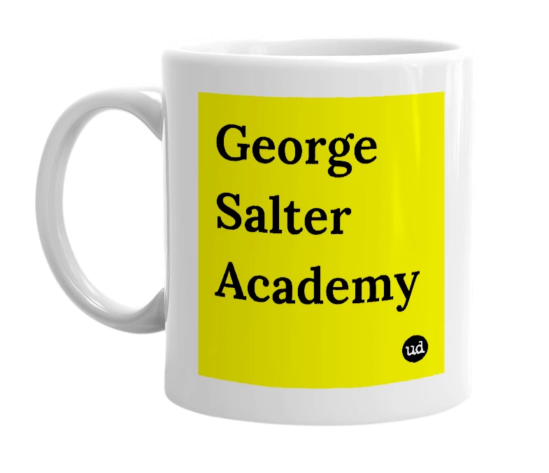 White mug with 'George Salter Academy' in bold black letters