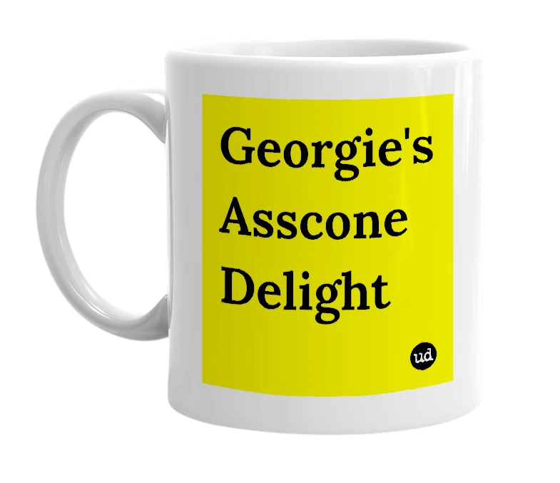 White mug with 'Georgie's Asscone Delight' in bold black letters