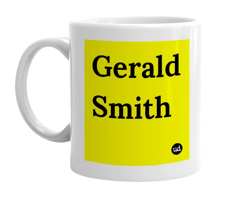 White mug with 'Gerald Smith' in bold black letters