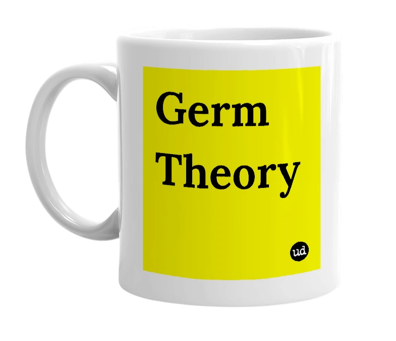 White mug with 'Germ Theory' in bold black letters
