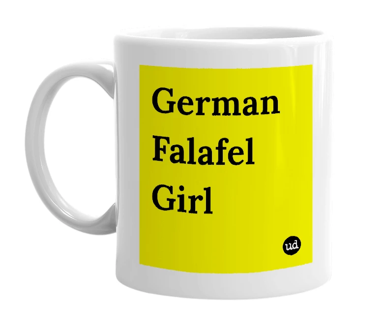 White mug with 'German Falafel Girl' in bold black letters