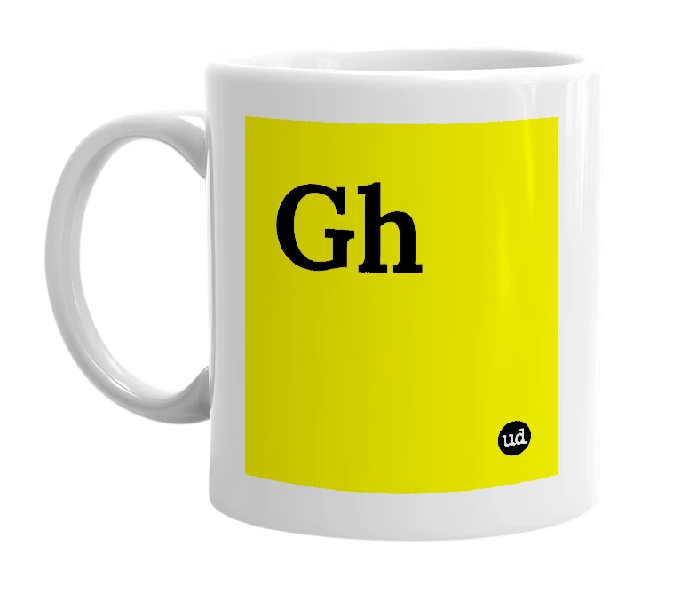 White mug with 'Gh' in bold black letters