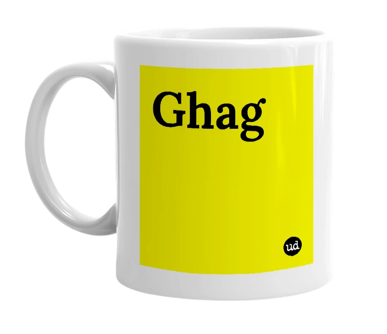 White mug with 'Ghag' in bold black letters