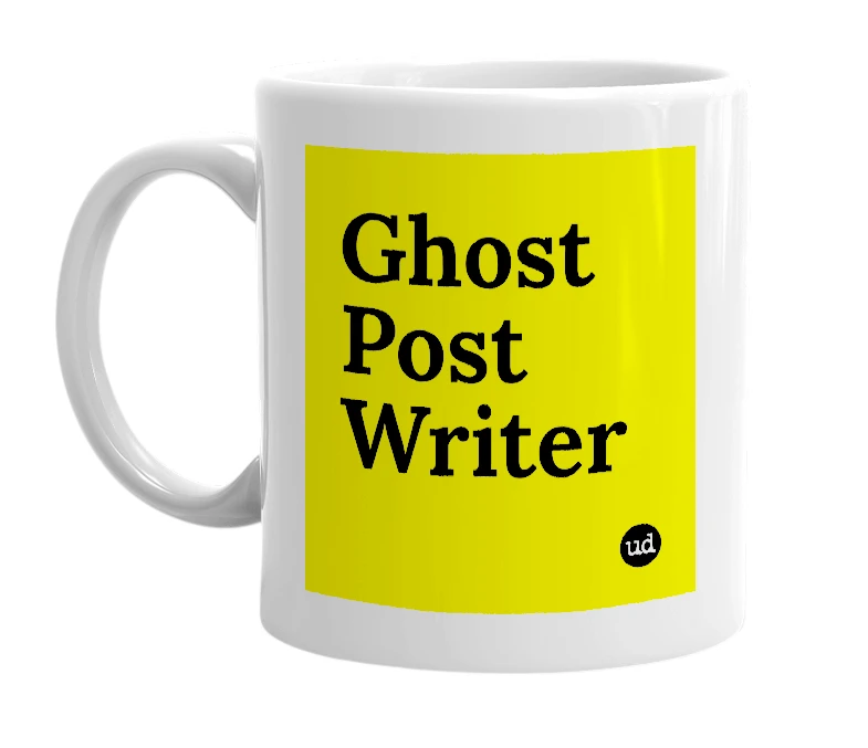 White mug with 'Ghost Post Writer' in bold black letters