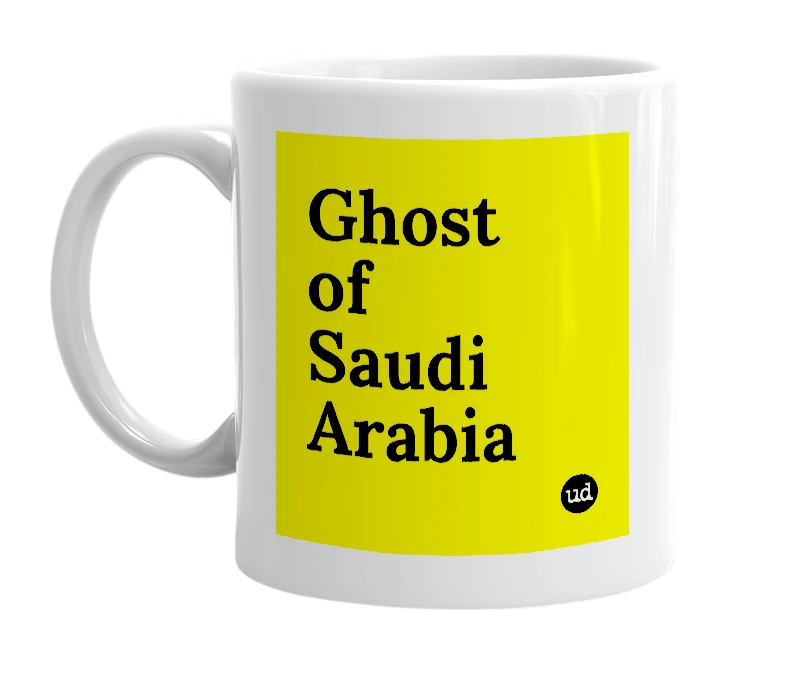 White mug with 'Ghost of Saudi Arabia' in bold black letters